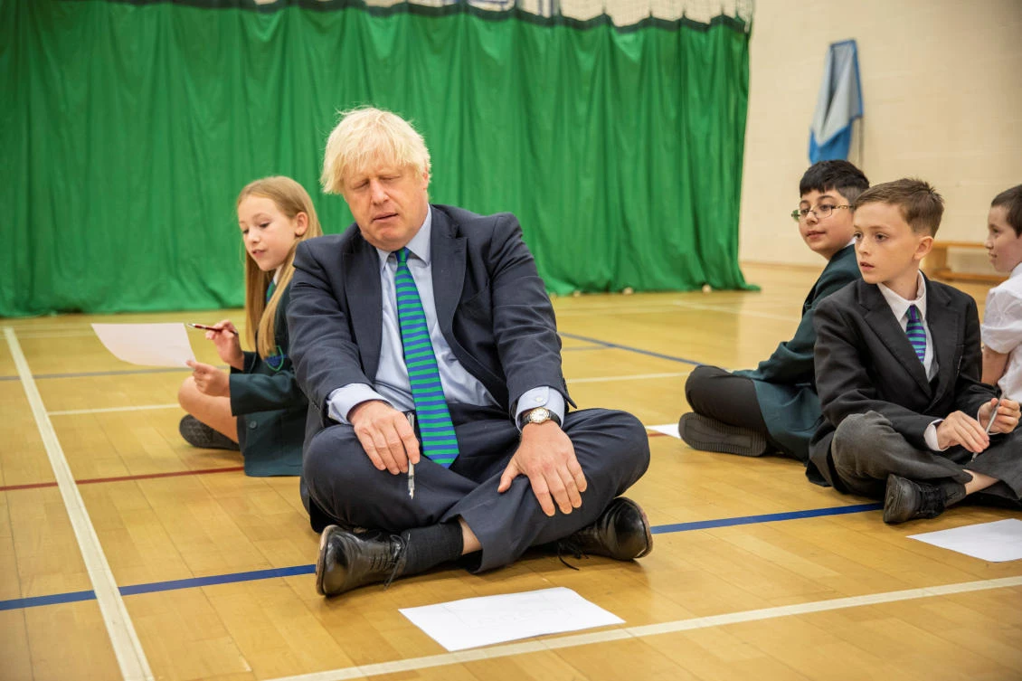 Britain's Prime Minister Boris Johnson visits Castle Rock school as he takes part in a getting to know you induction session on the pupil's first day back to school, in Coalville, Britain August 26, 2020. Jack Hill/Pool via REUTERS