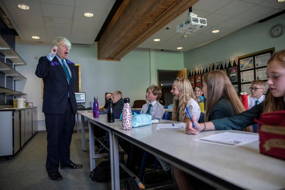 Britain's Prime Minister Boris Johnson visits Castle Rock school on the pupil's first day back to school, in Coalville, Britain August 26, 2020. Jack Hill/Pool via REUTERS