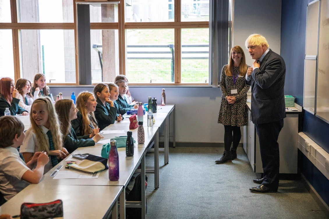Britain's Prime Minister Boris Johnson visits Castle Rock school on the pupil's first day back to school, in Coalville, Britain August 26, 2020. Jack Hill/Pool via REUTERS