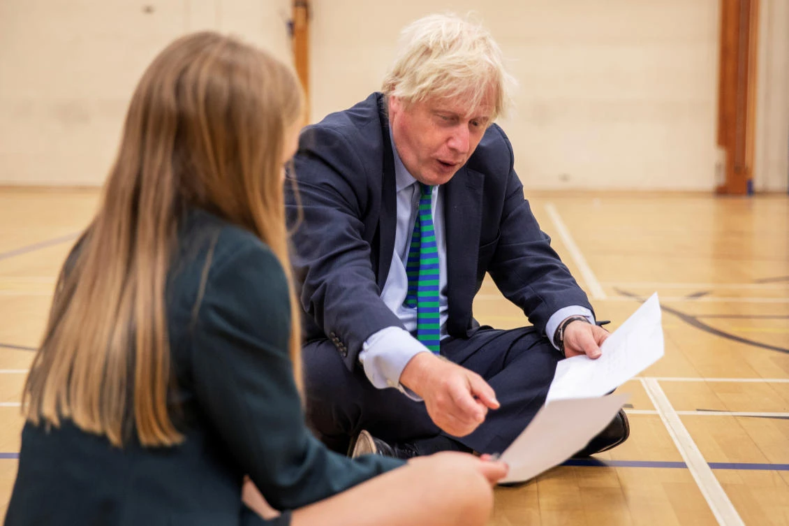 Britain's Prime Minister Boris Johnson visits Castle Rock school as he takes part in a getting to know you induction session on the pupil's first day back to school, in Coalville, Britain August 26, 2020. Jack Hill/Pool via REUTERS