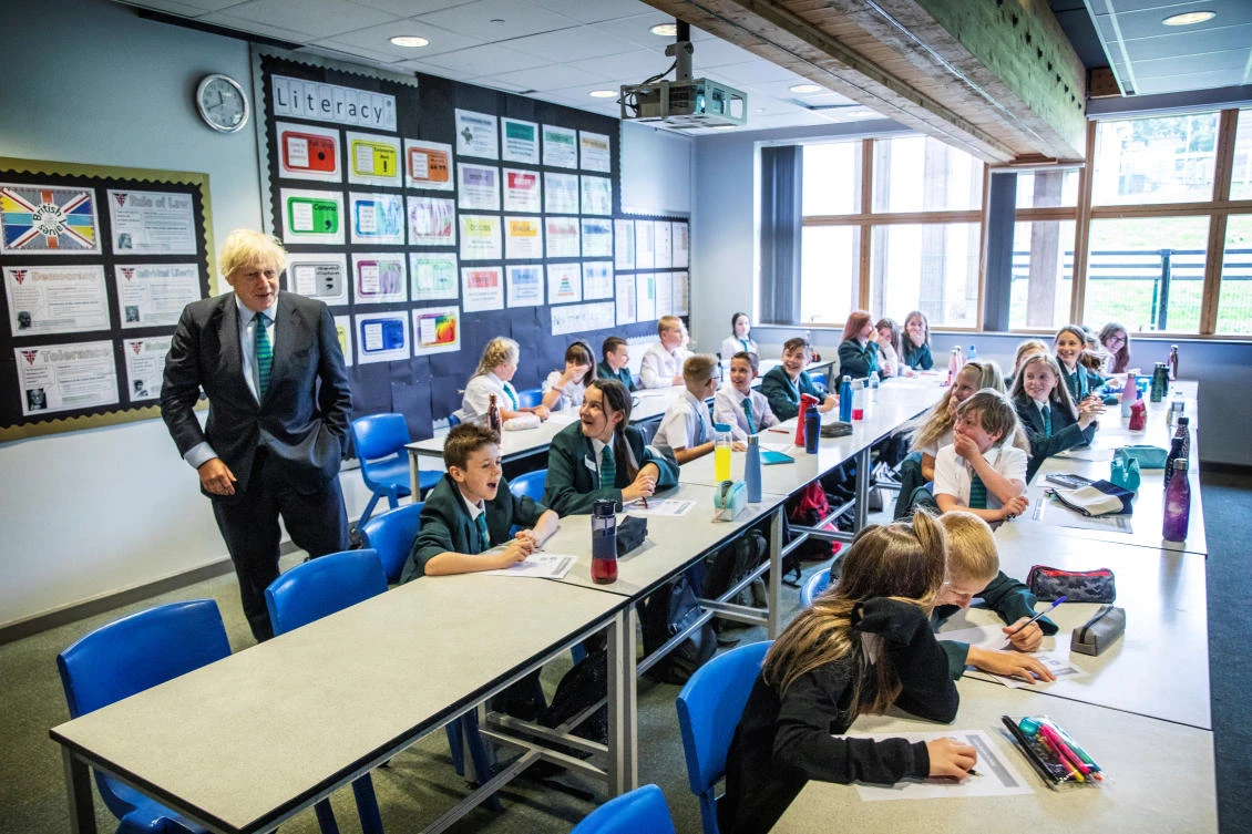 Britain's Prime Minister Boris Johnson visits Castle Rock school on the pupil's first day back to school, in Coalville, Britain August 26, 2020. Jack Hill/Pool via REUTERS
