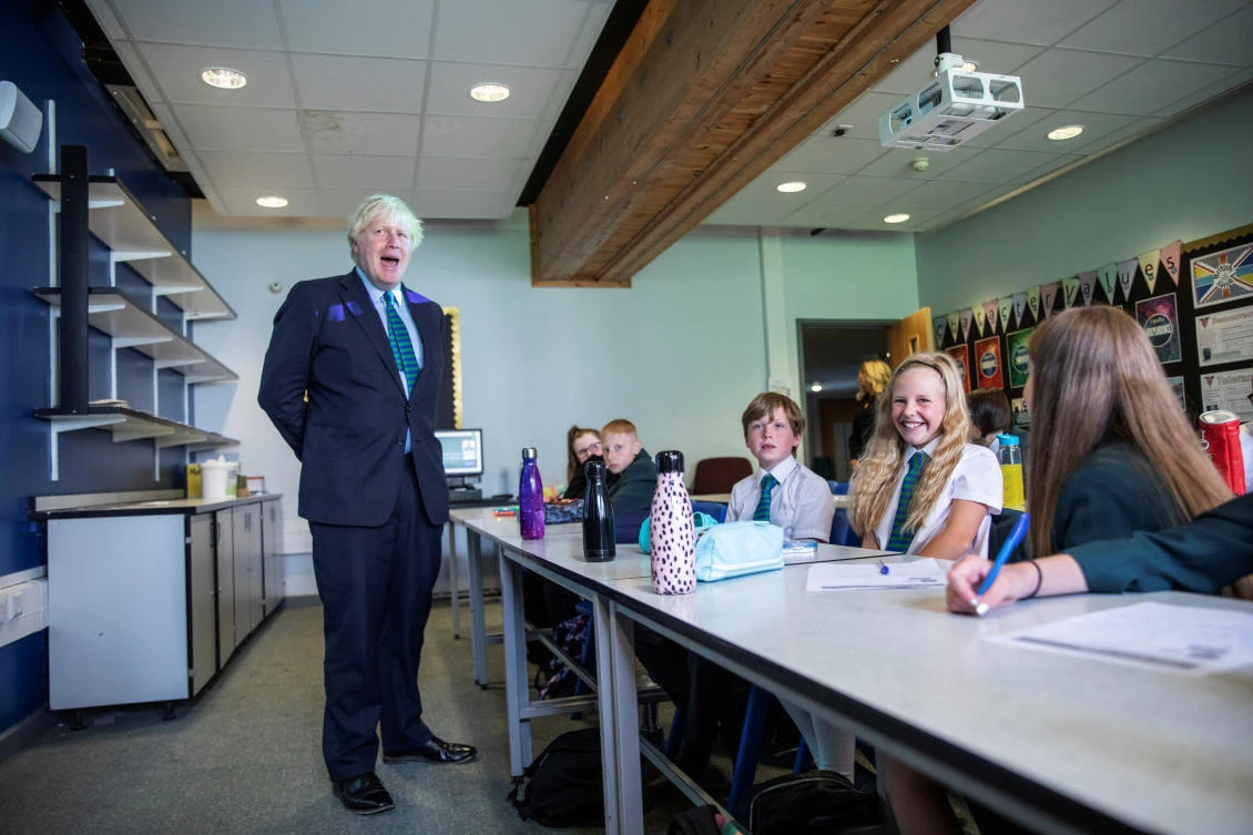 Britain's Prime Minister Boris Johnson visits Castle Rock school on the pupil's first day back to school, in Coalville, Britain August 26, 2020. Jack Hill/Pool via REUTERS