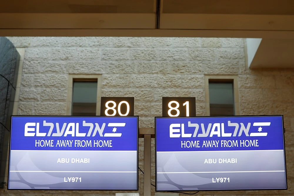 Screens display the flight number of Israeli flag carrier El Al which will carry Israeli and US delegations to Abu Dhabi at Ben Gurion Airport, near Tel Aviv on August 31, 2020. (Reuters)
