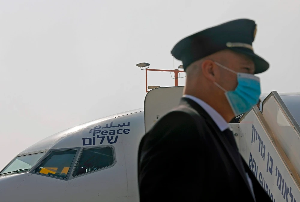 Israeli flag carrier El Al’s Flight LY971, with the word ‘Peace’ in English, Arabic and Hebrew emblazoned, gets ready for departure to Abu Dhabi. (AFP)