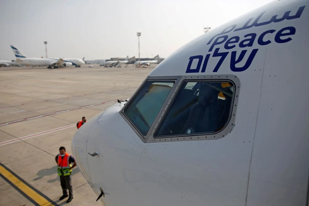 Israeli flag carrier El Al’s Flight LY971, with the word ‘Peace’ in English, Arabic and Hebrew emblazoned, gets ready for departure to Abu Dhabi. (AFP)