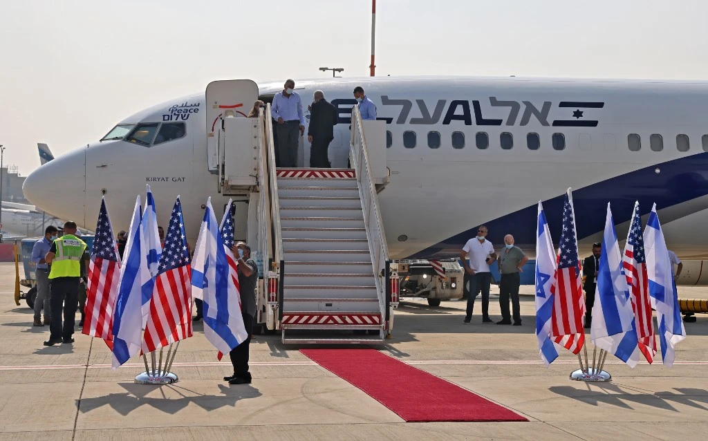 Israeli flag carrier El Al’s Flight LY971 sits on the tarmac ahead of the first-ever commercial flight from Israel to the UAE at the Ben Gurion Airport near Tel Aviv. (AFP)