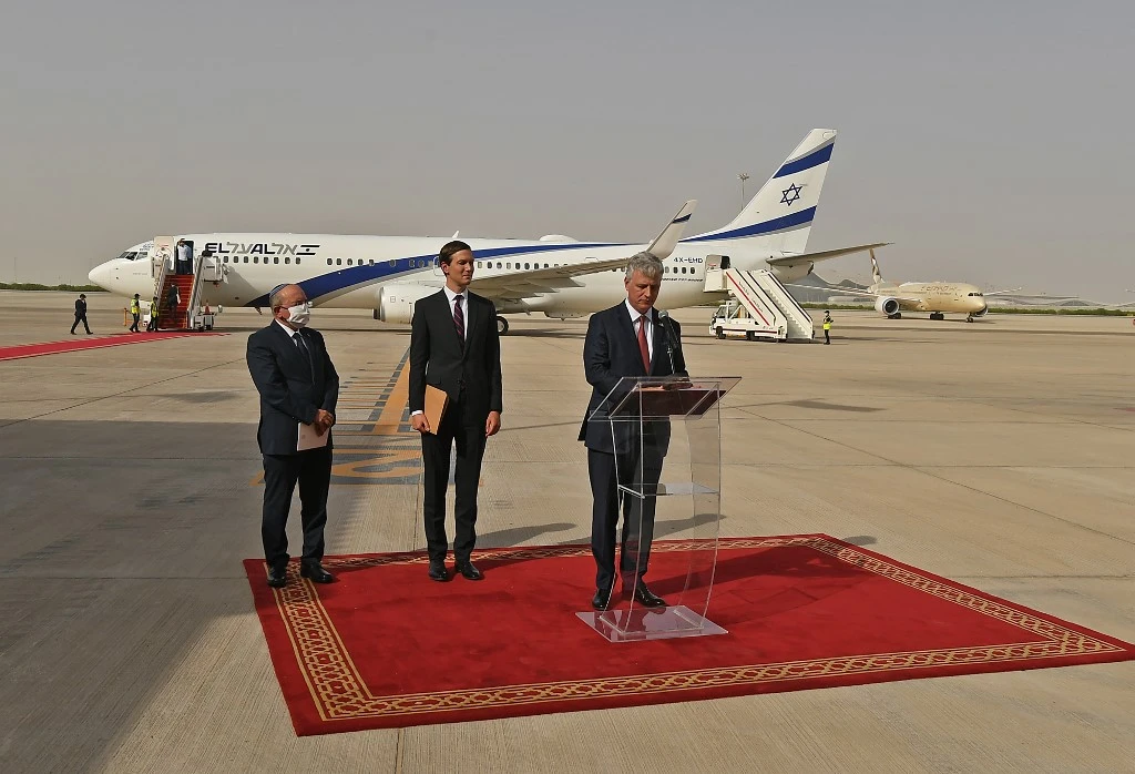 US National Security Adviser Robert O’Brien delivers a speech at the Abu Dhabi airport, in the first-ever commercial flight from Israel to the UAE, on August 31, 2020. (AFP)