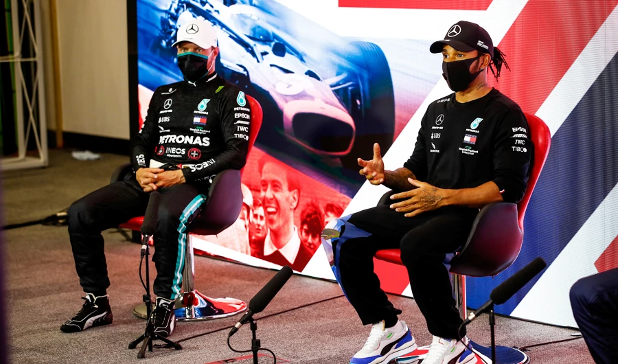 Mercedes' Lewis Hamilton during the press conference after qualifying in pole position with second placed Mercedes' Valtteri Bottas FIA/Handout via (REUTERS)