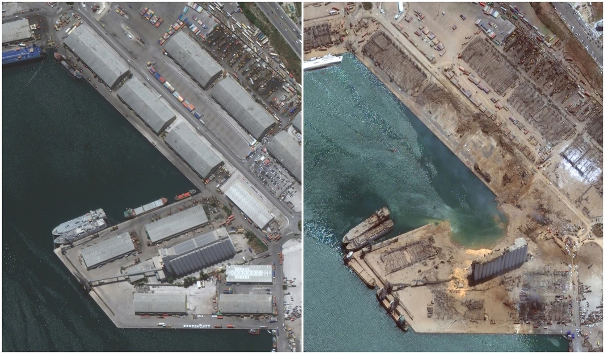The images show Beirut port decimated by the blast. (Satellite Image ©2020 Maxar Technologies)