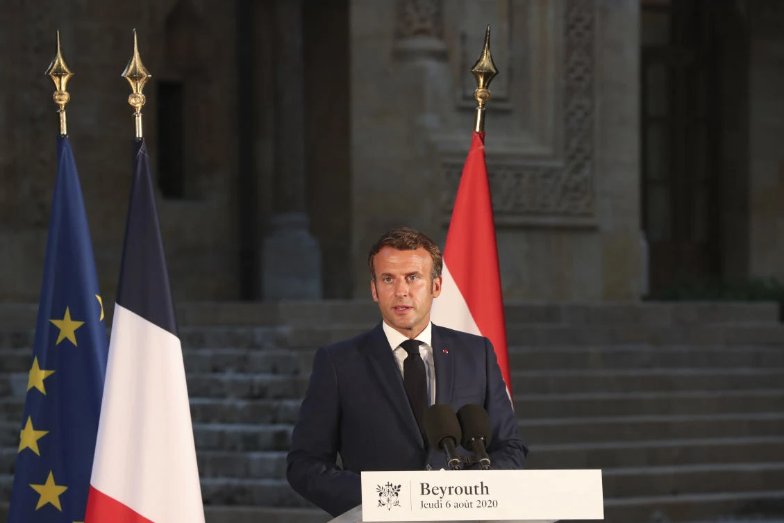 French President Emmanuel Macron delivers his speech during a press conference in Beirut, Lebanon, Thursday Aug.6, 2020. (AP)