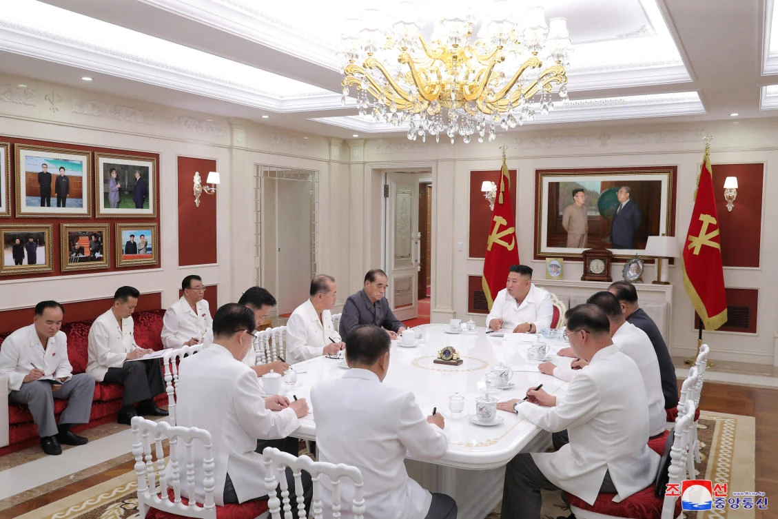 Kim Jong Un attends the fourth meeting of the Executive Policy Council of the Seventh Central Committee of the Workers’ Party of Korea in Pyongyang on August 5, 2020. (KCNA via Reuters)