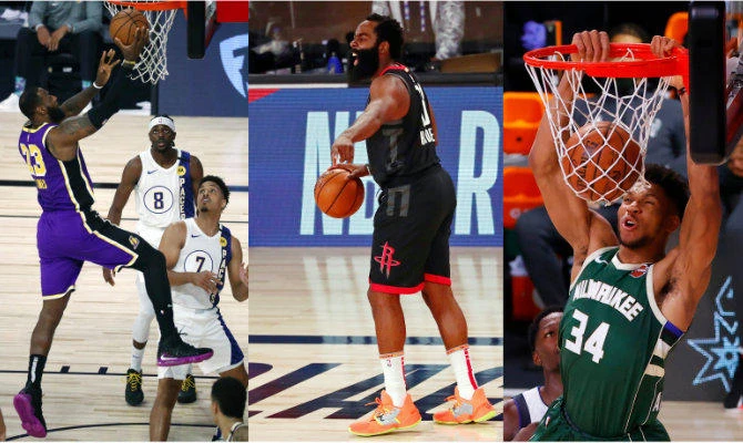 Combo photo showing LeBron James of the LA Lakers, Houston Rockets guard James Harden, and Giannis Antetokounmpo of the Milwaukee Bucks. (Kim Klement/Pool Photo via AP and Kevin C. Cox/Pool Photo via USA TODAY Sports)