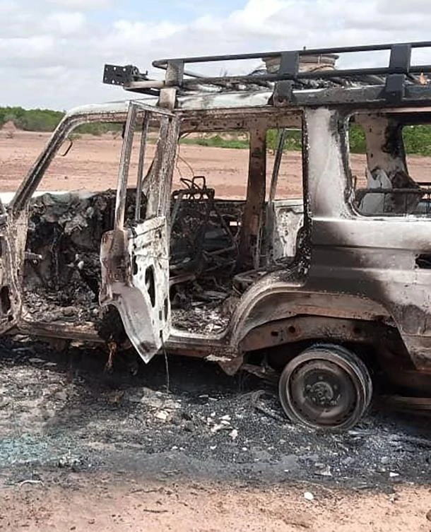 A handout photo obtained by AFP on August 9, 2020 shows the car where six French tourists, their local guide and the driver were killed by an unidentified gunmen riding motorcycles on August 9, 2020 in an area of southwestern Niger. (AFP)