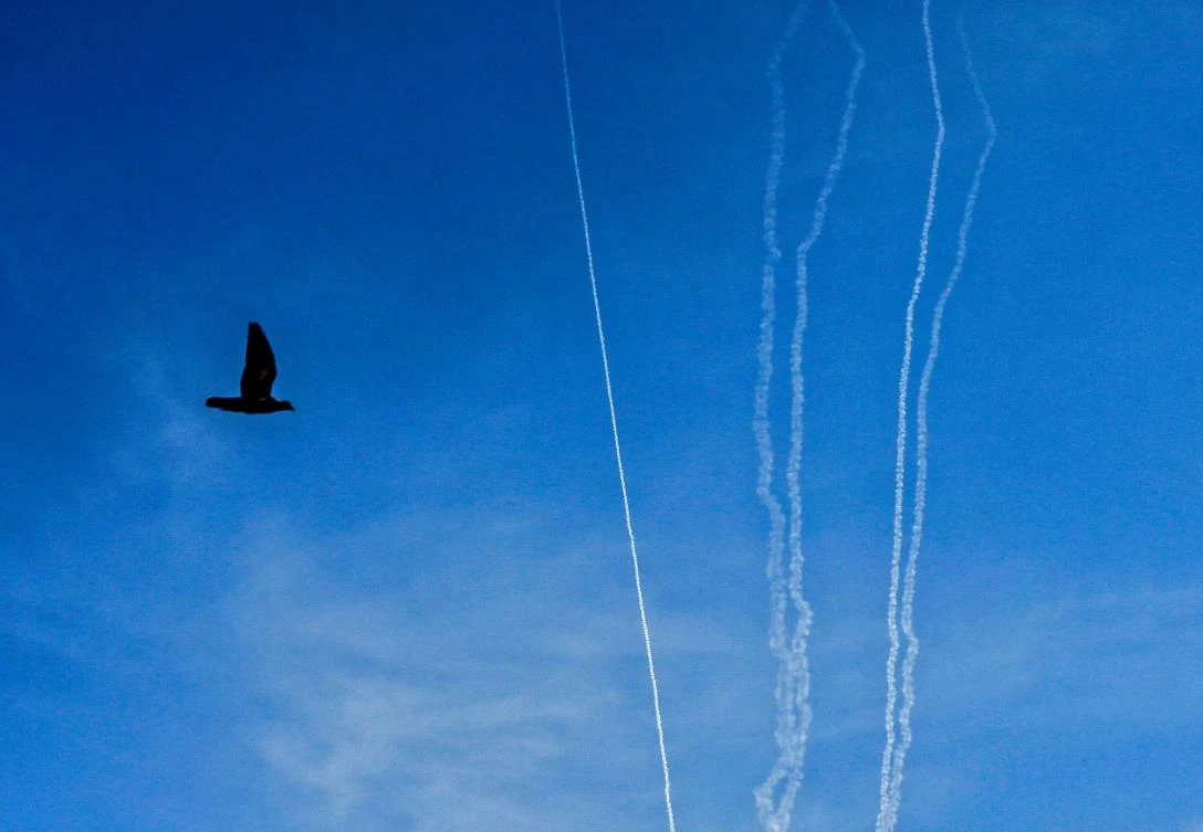 A bird flies while smoke trails from test rockets fired by the Palestinian Islamist Hamas are seen behind it. (AFP)