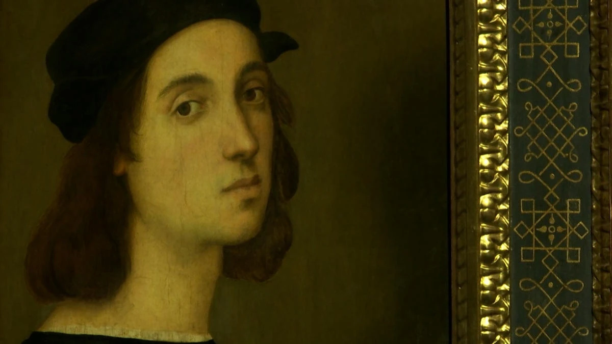 Above, a self portrait by Renaissance master Raphael during the unveiling of an exhibition commemorating the 500th anniversary of his death, in this screengrab taken from a video in Rome on March 4, 2020. (Reuters)