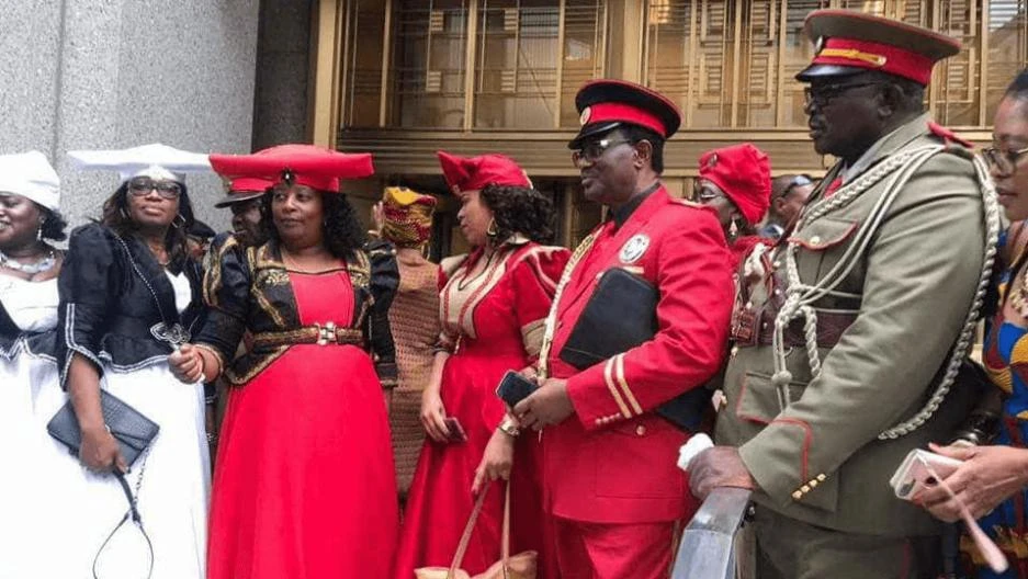 Representatives of the Herero and Nama tribes on the steps of the Southern District Court of New York, October 2017. (Courtesy Ovaherero Traditional Authority)