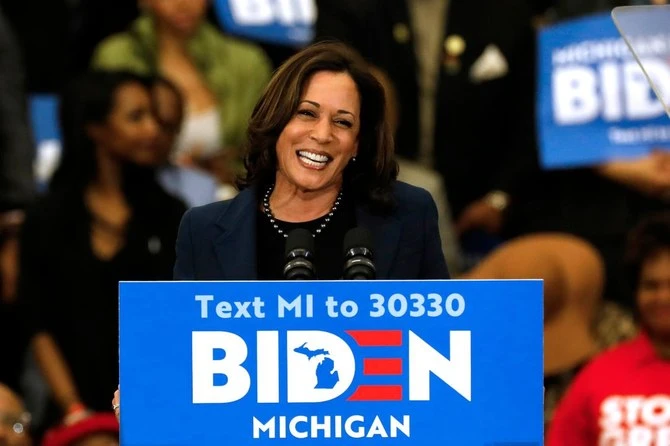 California Senator Kamala Harris endorses Democratic presidential candidate Joe Biden as she speaks to supporters during a campaign rally in Detroit, Michigan, on March 9, 2020. (AFP)
