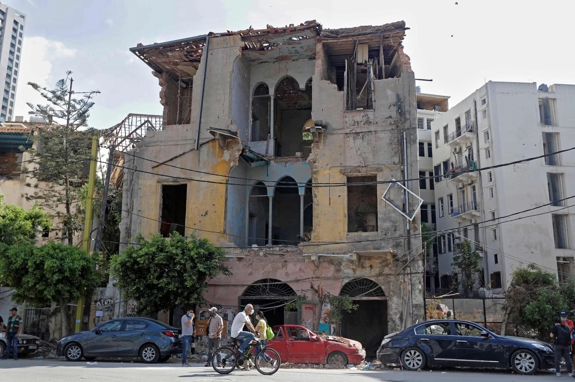 A picture taken on August 11, 2020, shows a view of a heavily-damaged traditional Lebanese house due to the Beirut port explosion, in the devastated Gemmayzeh neighbourhood across from the harbour. (AFP)