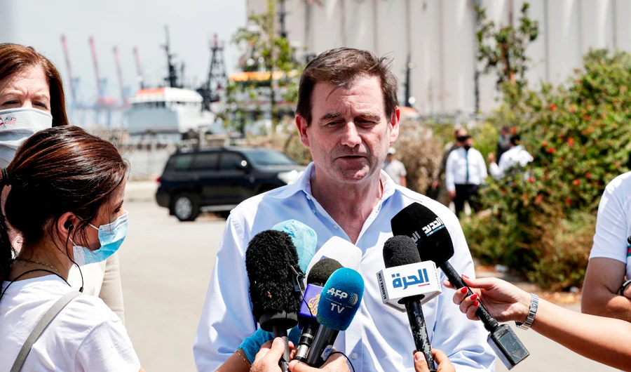 US Undersecretary of State for Political Affairs David Hale speaks to journalists from the port of the Lebanese capital Beirut on August 15, 2020. (AFP)