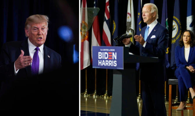 In this combo image, US President Donald Trump speaks during a news conference in Bedminster, New Jersey, on August 15, 2020, while Democratic presidential candidate Joe Biden speaks during a campaign event at Alexis Dupont High School in Wilmington, Delaware on Aug. 12, 2020. (REUTERS & AP Photos)