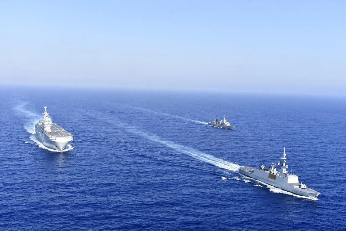 French and Greek ships (pictured) have carried out joint naval exercises in response to the heightened tension in the Eastern Mediterranean, despite all parties involved being NATO member sates. (AP)