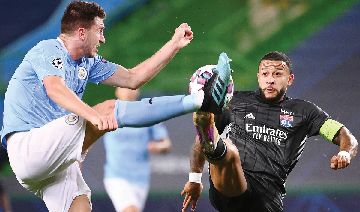 Manchester City’s defender Aymeric Laporte, left, up against Lyon’s forward Memphis Depay during their UEFA Champions League quarter-final match. (AFP)