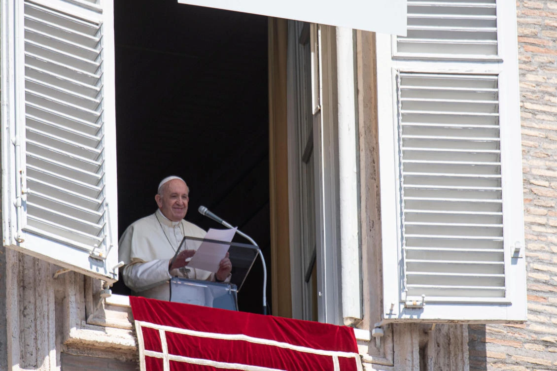 Pope Francis speaks during his weekly address from the window at St. Peter’s Square, Vatican August 16, 2020. (Reuters)