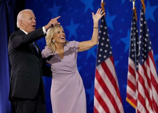Democratic presidential nominee Joe Biden and his wife Dr. Jill Biden at the Democratic National Convention in the Chase Center, August 20, 2020, Wilmington, Delaware. (AFP)