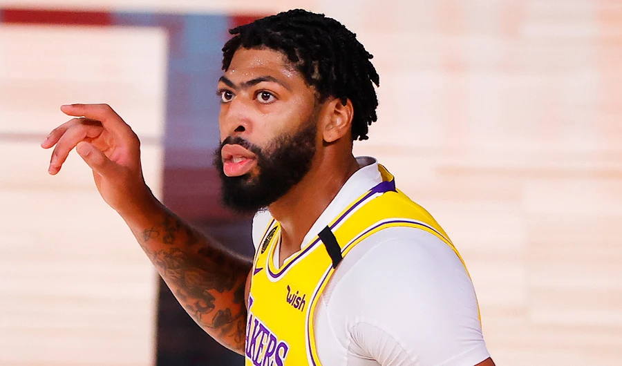 Los Angeles Lakers' Anthony Davis reacts to a call during the second quarter of Game 2 of an NBA basketball first-round playoff series against the Portland Trail Blazers, Thursday, Aug. 20, 2020, in Lake Buena Vista, Fla. (AP)