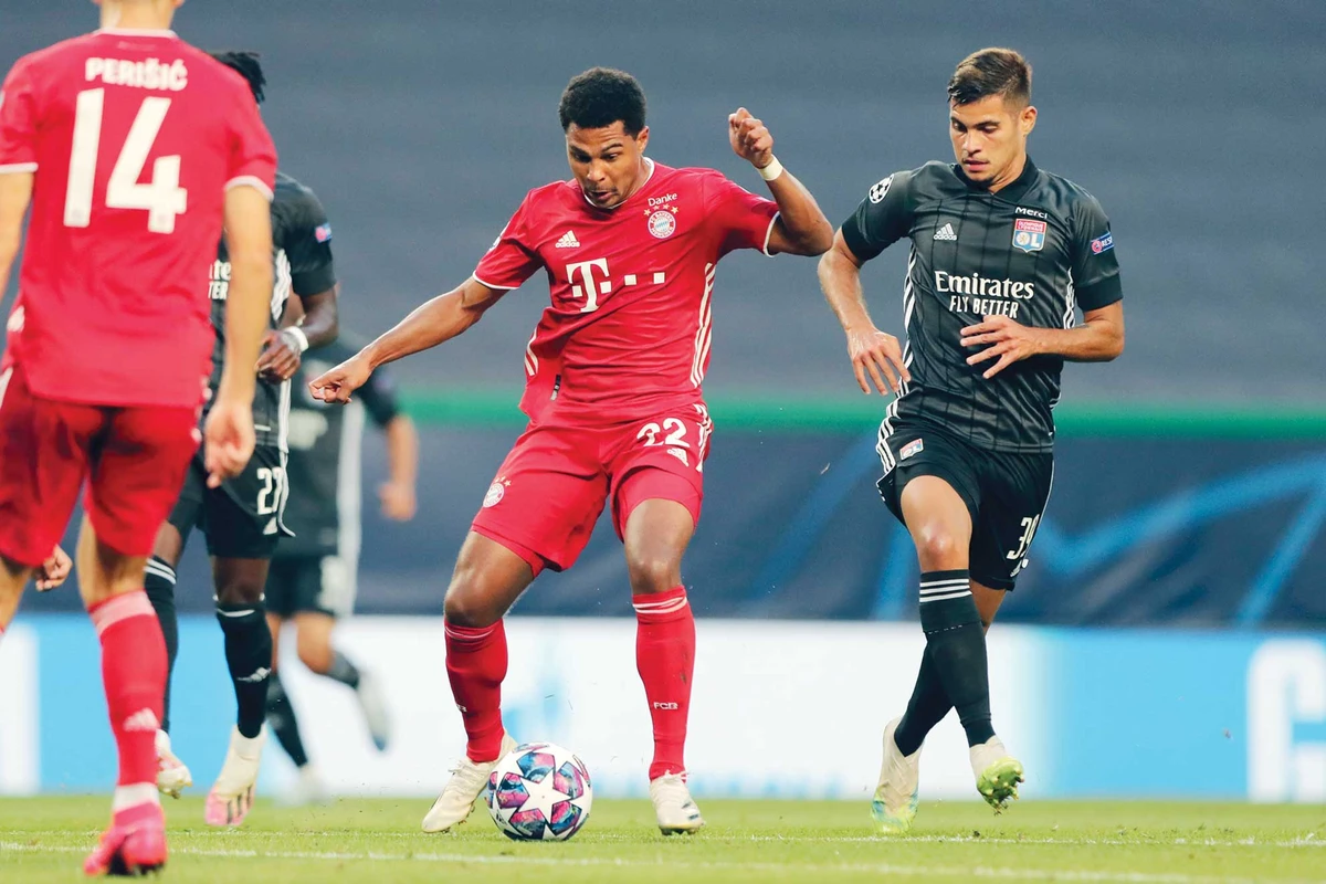 Serge Gnabry scores a goal during the Champions League semifinal match between Lyon and Bayern Munich at the Jose Alvalade stadium in Lisbon. (AP)