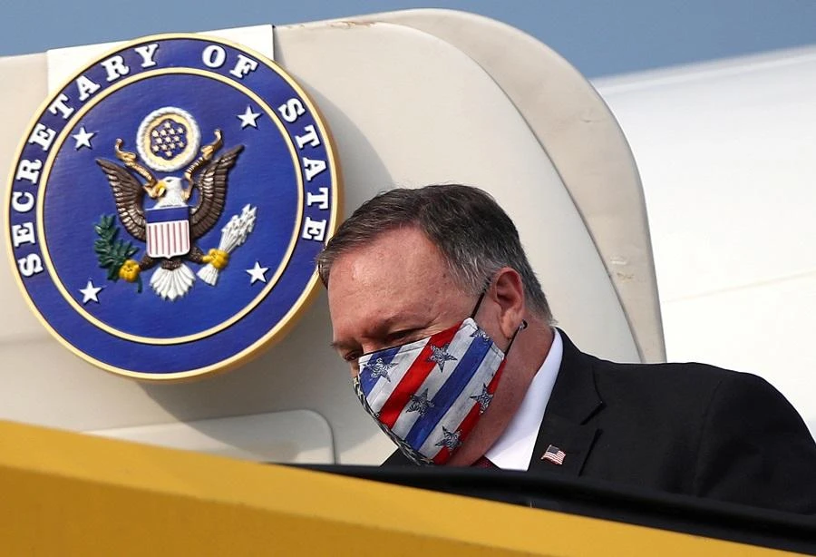 US Secretary of State Mike Pompeo wears a protective face mask as he arrives at the airport in Vienna, Austria on August 13, 2020. (File/AFP)