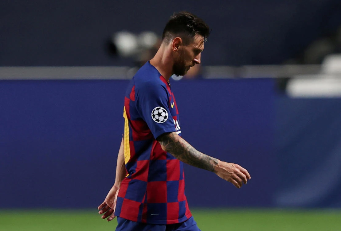 Barcelona's Lionel Messi looks dejected after the Champions League quarter final defeat to Bayern Munich at the Estadio da Luz, Lisbon, Portugal, August 14, 2020. (Reuters)