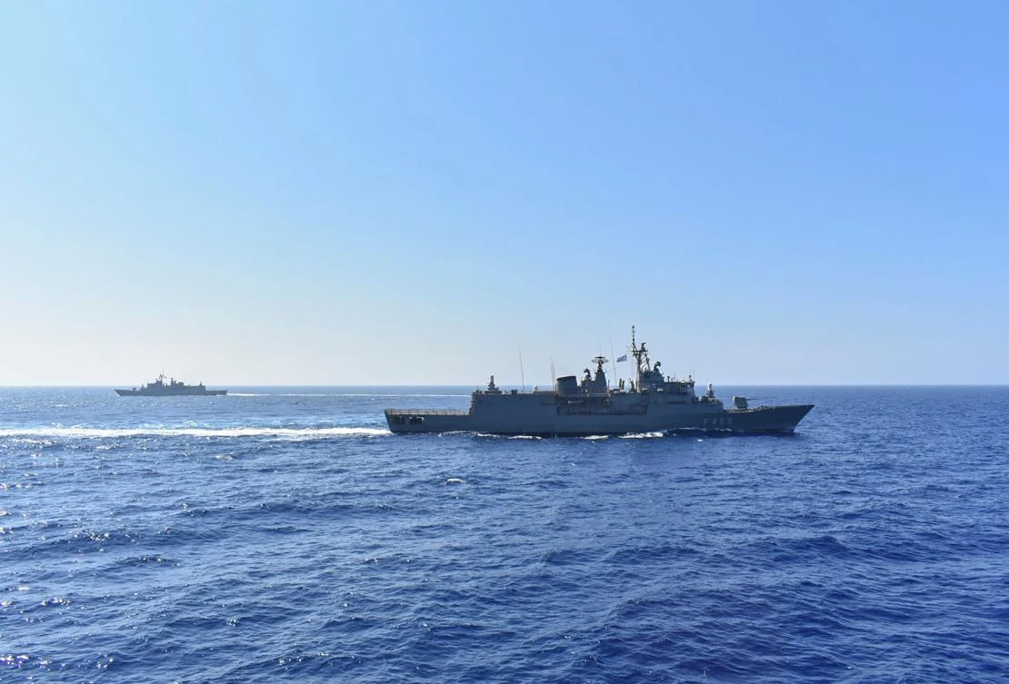 Greek Hydra-class frigate Spetsai (F-453) of the Hellenic Navy (front) and another ship take part in a military exercise in the eastern Mediterranean Sea, on August 25, 2020. (AFP)