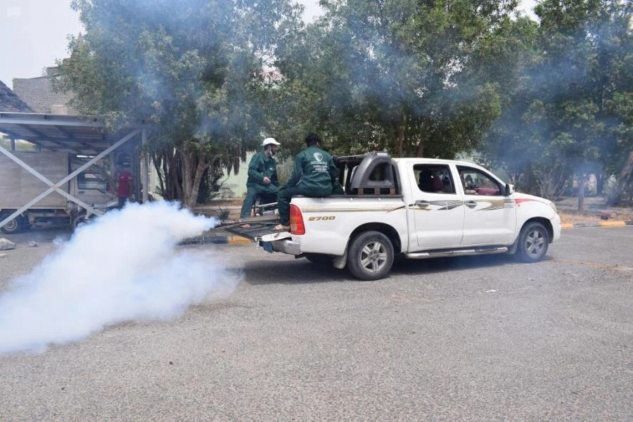The spraying campaign is being carried out in the city’s Buraiqa district. (SPA)