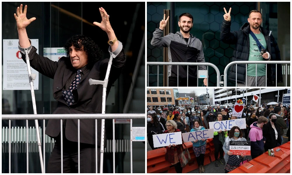 Clockwise from left: Al-Noor mosque shooting survivor Taj Mohammed Kamran reacts as he leaves the High Court after the last day of the sentencing hearing for Brenton Tarrant. // Survivors of the twin mosque shootings react as they arrive at Christchurch High Court. // Members of the public gather in front of the High Court to support relatives of victims killed in the 2019 twin mosque shootings. (AFP)
