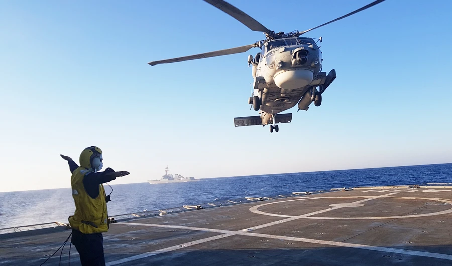 In this photo provided by the Greek National Defense Ministry, an helicopter takes part in a Greek-US military exercise south of the island of Crete, on Monday, Aug. 24, 2020. (AP)