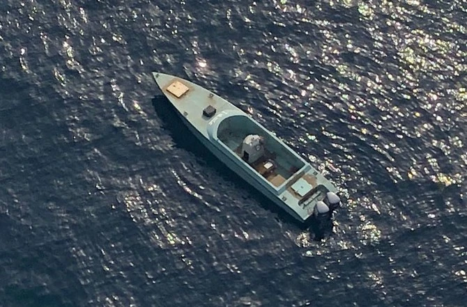 In this photo released by the Arab Coalition in Yemen in 2018, a boat rigged with explosives similar to this was launched by Houthis near Hodeidah but it was intercepted and destroyed by Saudi-led Coalition forces. A similar boat was destroyed also on Aug. 30, 2020. (File photo)