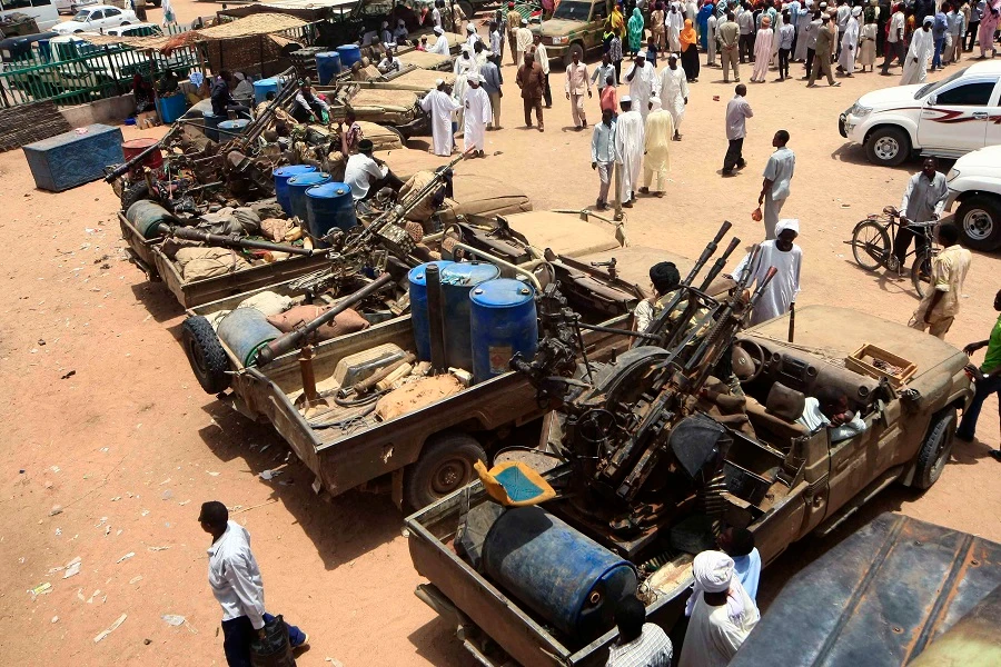 A general view over military equipment allegedly seized during a battle in the contested area of south Darfur, Nyala, Sudan, 04 May 2015 (reissued 31 August 2020). The Sudanese government and rebel groups on 31 August 2020 will hold a formal signing ceremony after they agreed on a peace deal. (EPA)