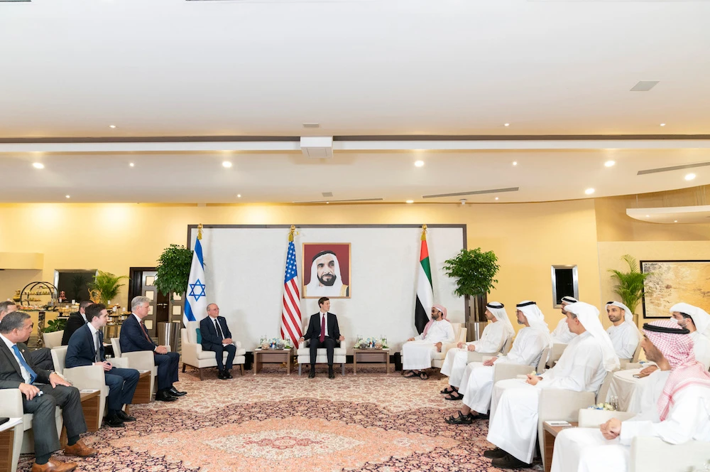 Israeli National Security Advisor Meir Ben-Shabbat, US president's senior adviser Jared Kushner and UAE's National Security Adviser Sheikh Tahnoun bin Zayed hold a meeting in Abu Dhabi. (WAM)