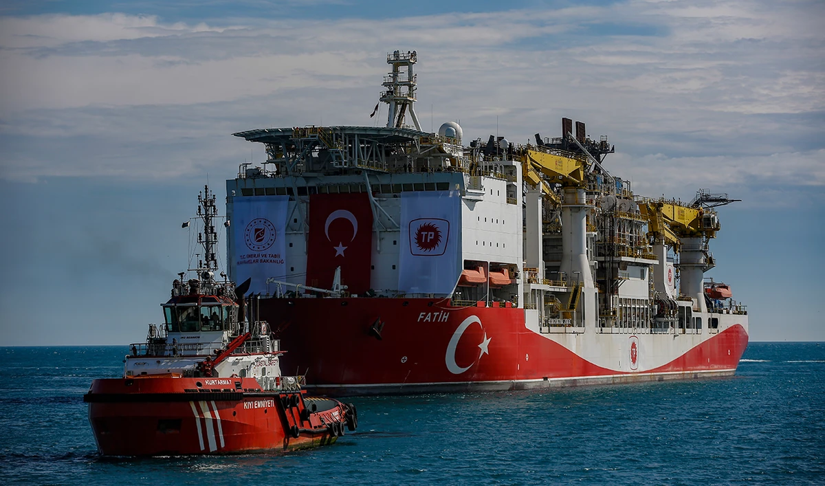Turkey's drilling ship, Fatih, is sailing through Bosphorus toward Black Sea in this May. 29, 2020 file photo, in Istanbul. Turkish President Recep Tayyip Erdogan has announced Friday the discovery of a large natural gas reserves off the Black Sea coast, days after he promised "good news" that would usher in a "new era" for the energy dependent country. (AP)