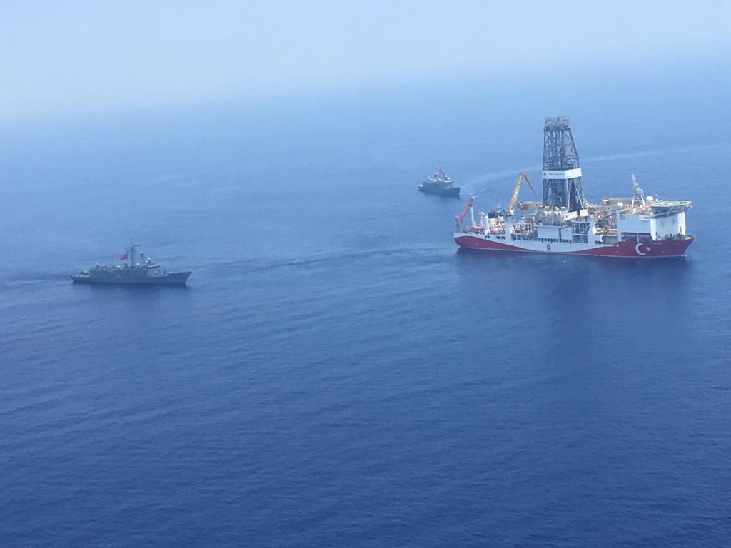 A Turkish Navy warship patroling next to Turkey's drilling ship "Fatih" dispatched towards the eastern Mediterranean near Cyprus. (File/AFP)