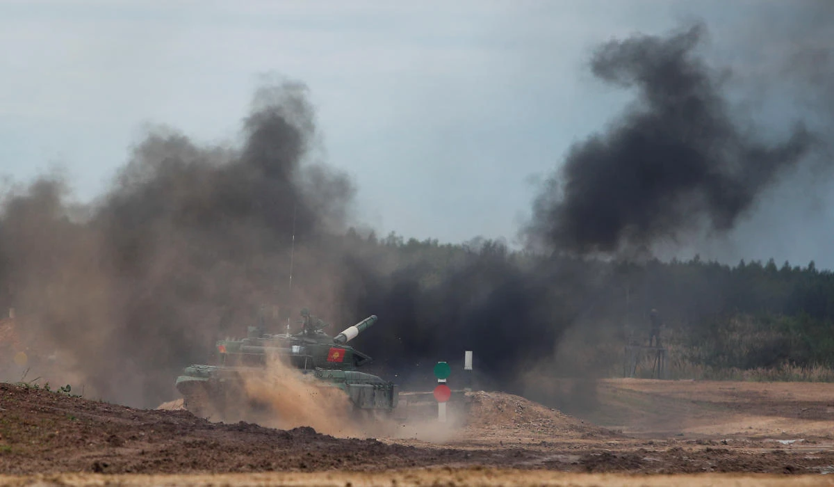 A T-72 B3 tank operated by a crew from Kyrgyzstan drives during the Tank Biathlon competition at the International Army Games 2020 in Alabino, outside Moscow, Russia September 2, 2020. REUTERS/Maxim Shemetov