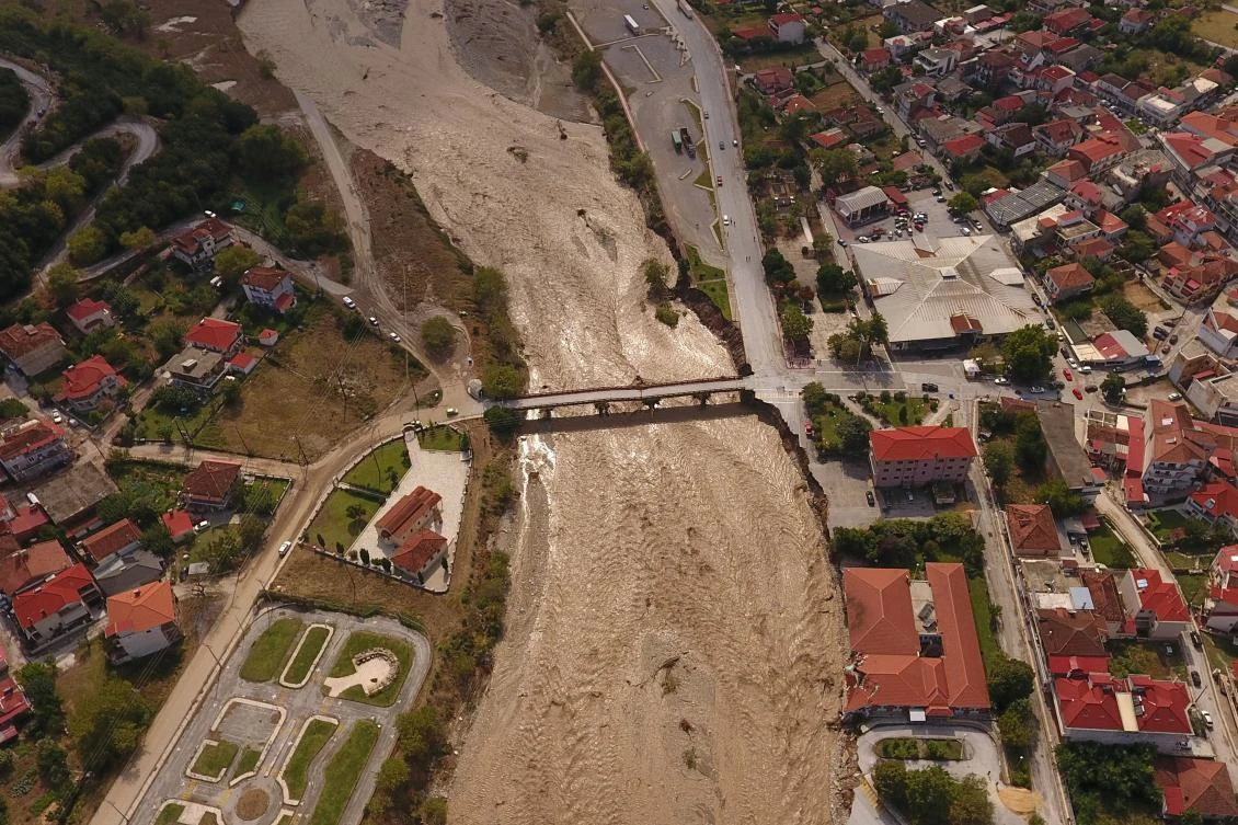 A view of a partially collapsed medical center next to the flooded Pamisos river, following a storm in the town of Mouzaki, in central Greece, September 19, 2020. Picture taken with a drone. REUTERS/Giannis Floulis