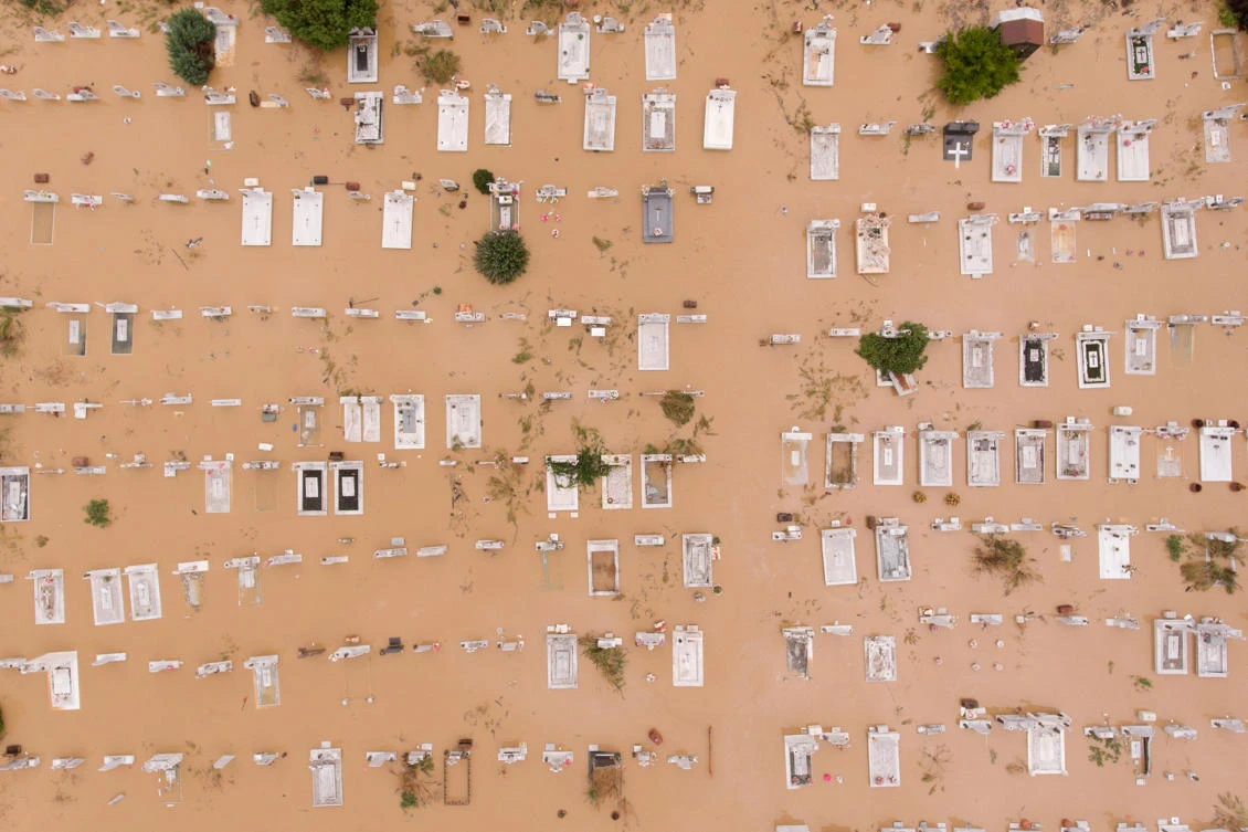 A view of a flooded cemetery following a storm in the village of Artesiano, in central Greece, September 19, 2020. Picture taken with a drone. REUTERS/Giannis Floulis TPX IMAGES OF THE DAY