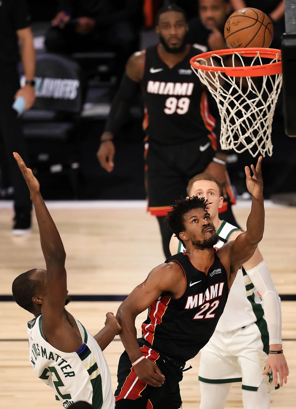 Jimmy Butler of the Miami Heat penetrates for two against the Milwaukee Bucks in Game 1 of the NBA Playoffs Eastern Conference Second Round on Monday. (AFP)
