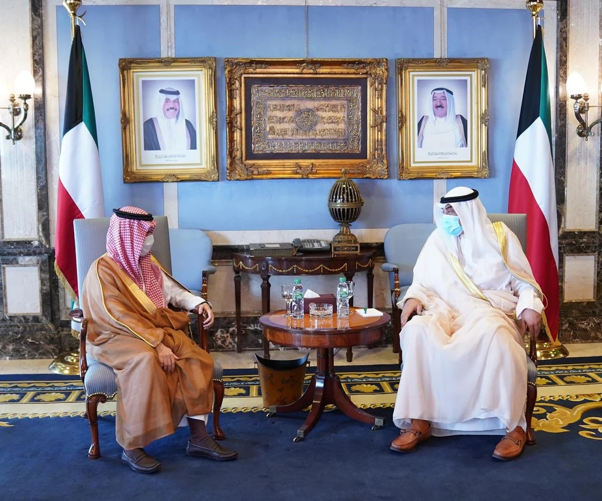 (Saudi Foreign Minister Prince Faisal bin Farhan met his Kuwaiti counterpart Sheikh Ahmad Nasser Al-Sabah during an official visit to Kuwait. (SPA)