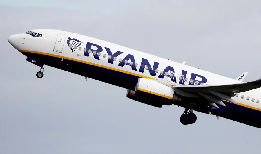 A Ryanair plane takes off from Manchester Airport, Britain, June 21, 2020. (REUTERS)
