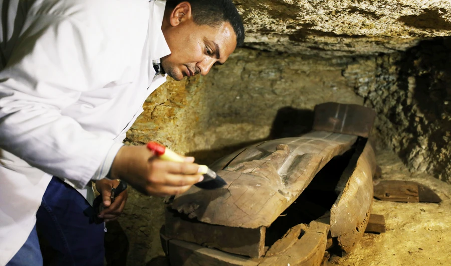 Archaeologists uncover coffins at ancient Egyptian burial site