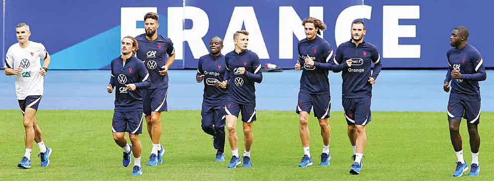 France soccer team during a training session on Sunday ahead of the Nations League soccer match against Croatia at the Stade de France in Saint Dennis, north of Paris. (AP)