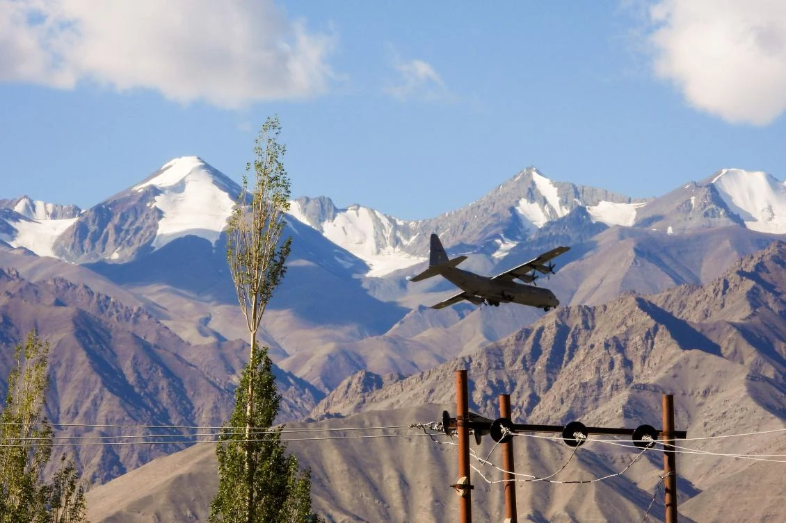 An Indian Air Force Hercules military transport plane prepares to land at an air base in Leh, the joint capital of the union territory of Ladakh bordering China, on Sept. 8, 2020. (AFP)